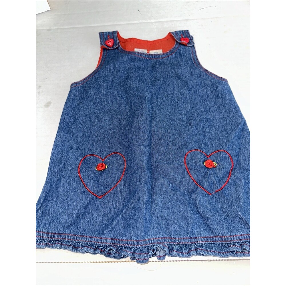 Vintage Little Lindsay Baby Girl Denim Dress Size 24 Months Hearts Flowers Mm79